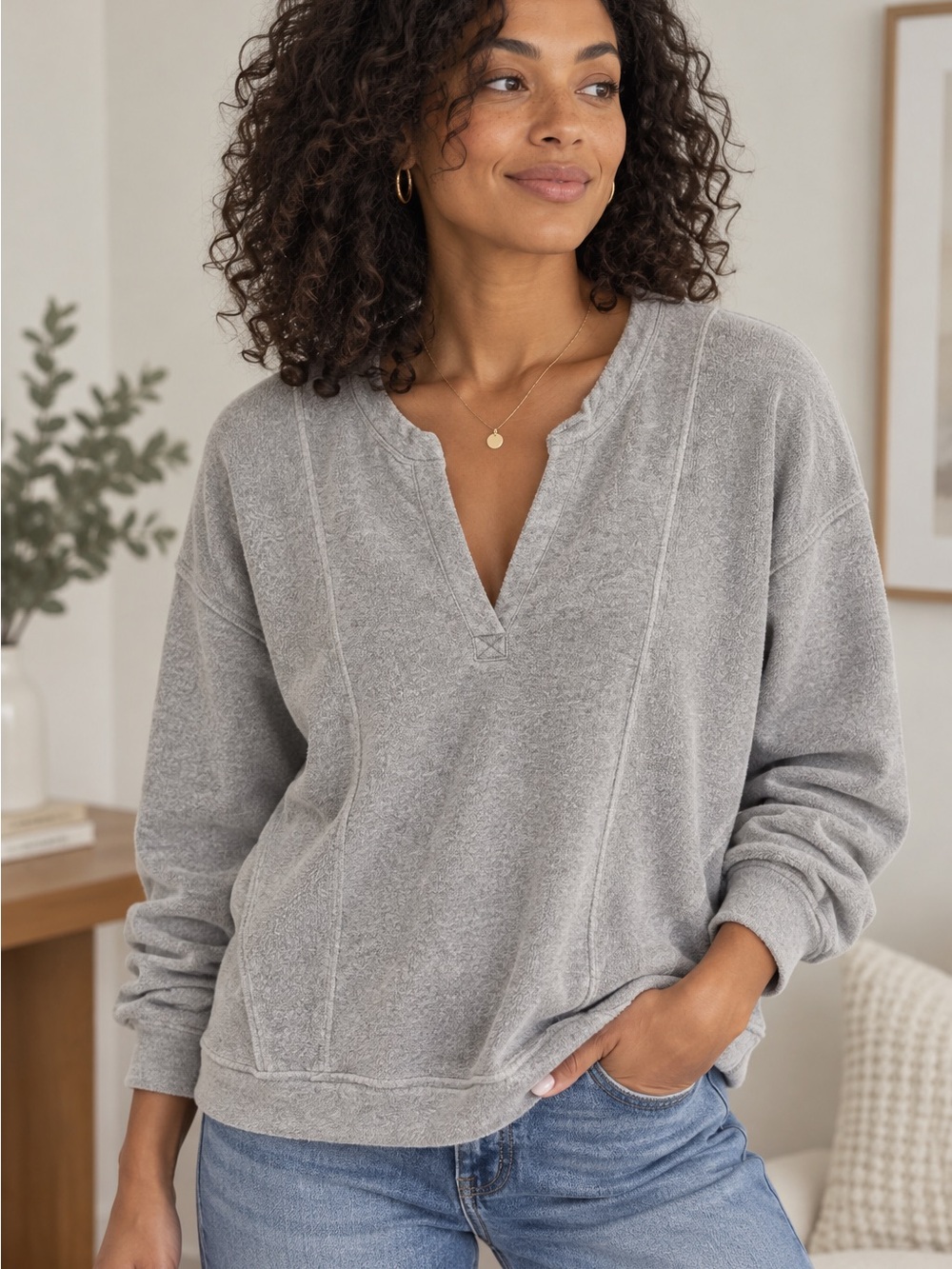 Z Supply Light Gray Split-V Terry Sweatshirt